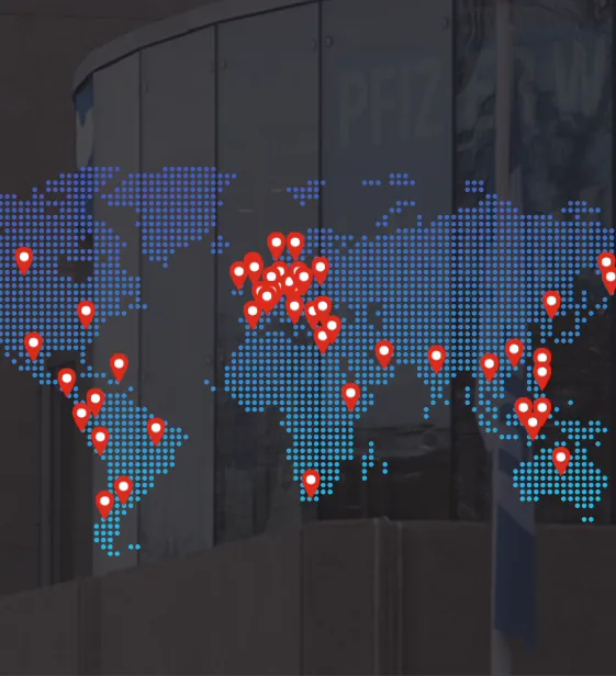 Mapa sveta koja prikazuje 45 zemalja u kojima Pfizer ima fitnes centre.