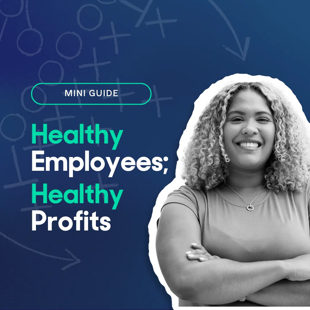 Profesionalna žena se smeši ispred pozadine u stilu priručnika. Tekst: „Healthy Employees; Healthy Profits“ mini vodič.
